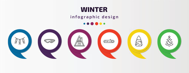 Poster - winter infographic template with icons and 6 step or option. winter icons such as lights, safety glasses, winter cabin, logs, fir, christmas tree vector. can be used for banner, info graph, web,