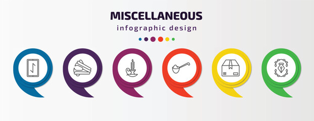 Poster - miscellaneous infographic template with icons and 6 step or option. miscellaneous icons such as rune, stapler remover, candlestick, measuring spoon, product, will vector. can be used for banner,