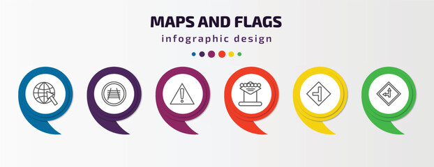 Poster - maps and flags infographic template with icons and 6 step or option. maps and flags icons such as arrow on globe, rail crossing, caution, las vegas, road left side, left side road vector. can be