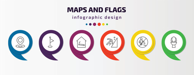 Poster - maps and flags infographic template with icons and 6 step or option. maps and flags icons such as maps mark, flags, smoking place, mining work zone, no littering, toilets vector. can be used for