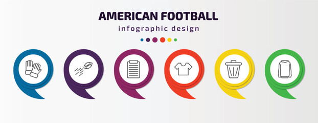 Poster - american football infographic template with icons and 6 step or option. american football icons such as glove, ball on flight, pad, black t shirt cloth, trash can, hoodie vector. can be used for