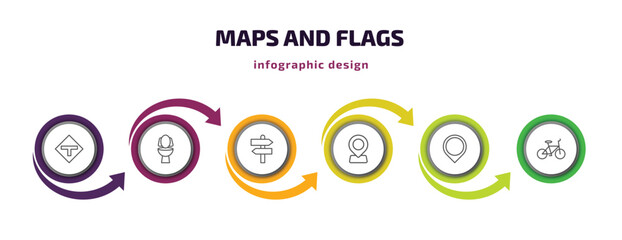 Poster - maps and flags infographic template with icons and 6 step or option. maps and flags icons such as t road intersection, toilets, divarication, locator, location marker, bicycle vector. can be used
