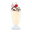 Vanilla milkshake with whipped cream and chocolate topping icon vector. Glass of milkshake with cherry on top icon isolated on a white background. Cup of vanilla milk drink drawing