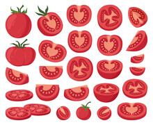 Cartoon Chopped Tomatoes, Red Vegetable Slices. Tomato Half, Fresh Red Tomatoes Slice, Organic Vegetables With Yellow Seeds Flat Vector Illustration Set. Chopped Tomato Collection
