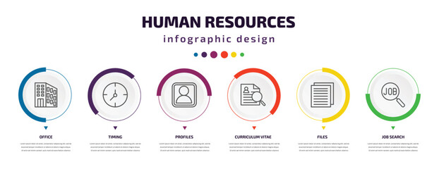 Poster - human resources infographic element with icons and 6 step or option. human resources icons such as office, timing, profiles, curriculum vitae, files, job search vector. can be used for banner, info
