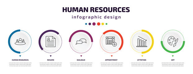 Poster - human resources infographic element with icons and 6 step or option. human resources icons such as human resources, resume, dialogue, appointment, attrition, art vector. can be used for banner, info