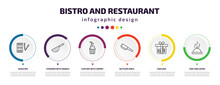 Bistro And Restaurant Infographic Element With Icons And 6 Step Or Option. Bistro And Restaurant Icons Such As Sushi Mix, Strainer With Handle, Cupcake With Cherry, Butcher Knife, Cake Box, Tray