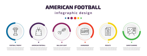 Poster - american football infographic element with icons and 6 step or option. american football icons such as football trophy, american field, ball on flight, hamburger, results, game planning vector. can