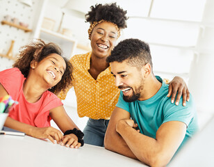 Wall Mural - child family woman home happy man father mother lifestyle happiness daughter  together parent love bonding cheerful fun table