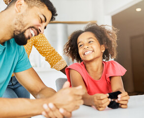 Wall Mural - child family woman home happy portrait father mother lifestyle happiness daughter together parent love bonding cheerful fun table