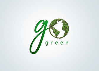 GO GREEN concept background with green 3d trees. Green World Map- 3D tree or forest shape of world map isolated on white background. World Map Green Planet Earth Day or Environment day Concept. 
