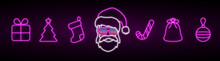  Merry Christmas Set Neon Icons In Neon Style On Light Background. Merry Christmas Neon, Great Design For Any Purposes. Party Decoration. Vector Holiday Illustration Neon Santa Claus Portrait.