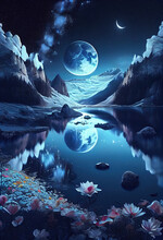 Surreal Landscape Moon Mountains Reflections Water Fantasy