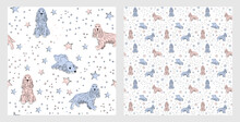 Pattern Design With Funny Cocker Spaniel Dogs Doodles, Sketch Style, Seamless Pattern.  Textile, Wrapping Paper, Blue Background Graphic Design. Wallpaper For Babies And Kids.Blue And Pink Linen Style