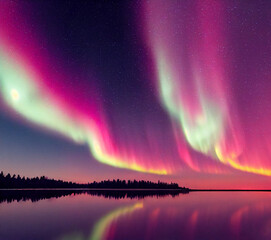 northern lights over lake. aurora borealis with starry in the night sky. fantastic epic magical land