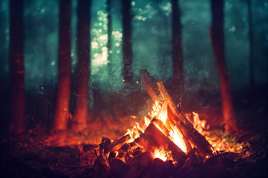 campfire in the forest. beautiful landscape of nature and trees. sparks and flames. rest by the fire