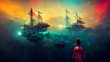 A girl watching pirate ships digital art