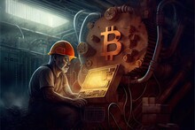 Computer-generated Image Of Bitcoin Miners.. Cryptocurrency Mining With Bitcoin Can Only Be Achieved With Industrial Bitcoin Mining Rigs. ASIC BTC Mining