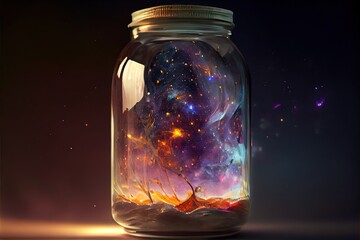 Wall Mural - Computer generated image of the galaxy in a jar. Space and the infinite universe and cosmos bottled up and sealed in a glass jar. 3D shading to look like photorealism. Digital art
