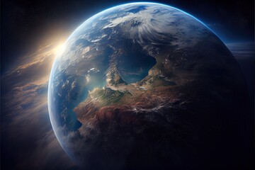 Wall Mural - computer-generated image of the planet earth as seen from space. View of the earth's atmosphere from a spaceship traveling the galaxy and solar system
