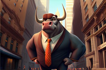 Wall Mural - Computer-generated image of a Wall Street Bull in a suit. Wall Street day traders watch the markets, and this represents investors buying stocks, commodities, and more