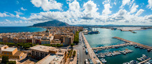 Aerial Panoramic View Of Trapani Harbor, Sicily, Italy. Beautiful Holiday Town In Italy.