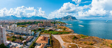 Aerial Panoramic View Of Palermo Town In Sicily. Italy Near The Mondello White Sand Beach In And Beautiful Lagoon.
