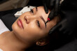 Adorable woman undergoing procedure of permanent eyebrow makeup