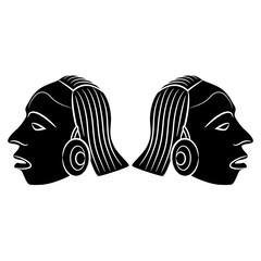 Symmetrical design with two heads of ancient Mayan men. Native American Indigenous Indian art. Black and white silhouette. Isolated vector illustration.