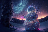 Stylized snowman shrouded in Christmas lights against the backdrop of a winter landscape, festive fairy tale atmosphere. generated sketch art
