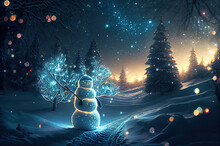 Stylized Snowman Shrouded In Christmas Lights Against The Backdrop Of A Winter Landscape, Festive Fairy Tale Atmosphere. Generated Sketch Art