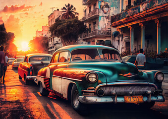 Vibrant illustration of American vintage cars in Havana, Cuba at sunset. Colorful exotic retro Havana's streets make a magnigicent magical cityscape., Generative AI