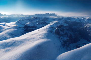 Wall Mural - Snow covered mountain aerial view from drone showing spectacular alpine landscape of winter mountain in Switzerland