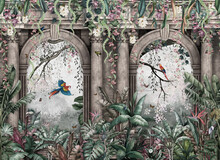 Tropical Wall Arch Wallpaper Palm Trees, Birds And Parrot In The Forest Land Escape With Flying Butterflies
