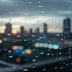 Poster - Photography of raindrops on the windows glass in focus with blured city skyline in the background