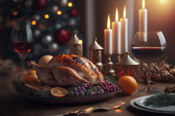 Wall Mural - Juicy and tasty roast turkey on plate with Christmas decoration