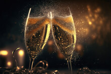 Two Glasses Of Champagne Touching Each Other And Toasting At Night New Year's Party Celebration On The Beach