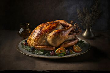 Wall Mural - Juicy and tasty roast turkey on plate with Christmas decoration