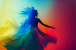 A colorful illustration of blurred intentional camera movement of a woman with long hair dancing