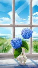 hydrangea on vase under the sunlight indoor window still anime wallpaper high definition hortencia