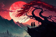 Mountain And Clouds Digital Wallpaper, Two Anime Character Standing On Wood Branch Facing Mountain And Red Moon Illustration,