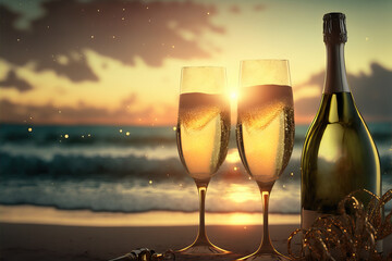 Two glasses and a bottle of champagne on New Year's Eve with beach background and fireworks in the sky