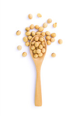 Wall Mural - Dry soybean in wooden spoon isolated on white background , top view , flat lay.