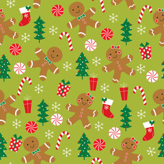 Sticker - seamless pattern with gingerbread and christmas trees design