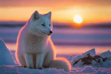 Wall Mural - arctic fox sitting in arctic sunset, aurora borealis. beautiful nature background. digital art