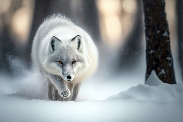 Wall Mural - arctic fox stalking prey in snowy winter forest. digital art