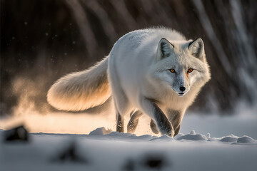 Wall Mural - arctic fox stalking prey in snowy winter forest. digital art