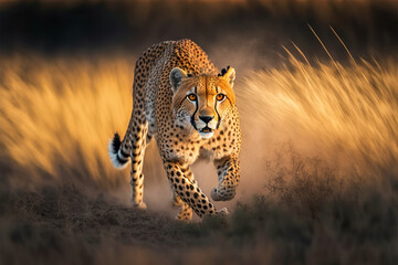 a cheetah stalks prey in the savannah. digital art