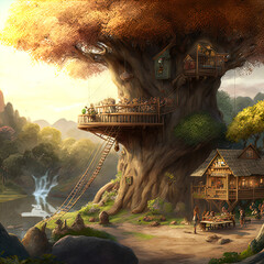 Fantasy treehouse. Dwelling of magical creatures like elves, gnomes, goblins and fairies. 