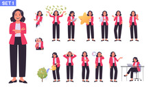 Business Woman Character Set. Businesswoman Or Office Worker In Various Poses, Emotions, Gestures. The Manager Searches, Invests, Speaks, Works